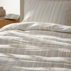 Stribet sengetøj - 100% bomuld - Babysengetøj 70x100 cm - Beige med lilla striber