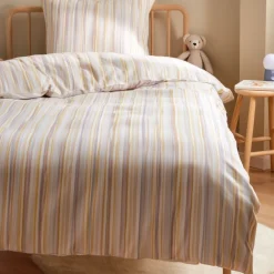 Stribet sengetøj - 100% bomuld - Junior sengetøj 100x140 cm - Beige med lilla striber