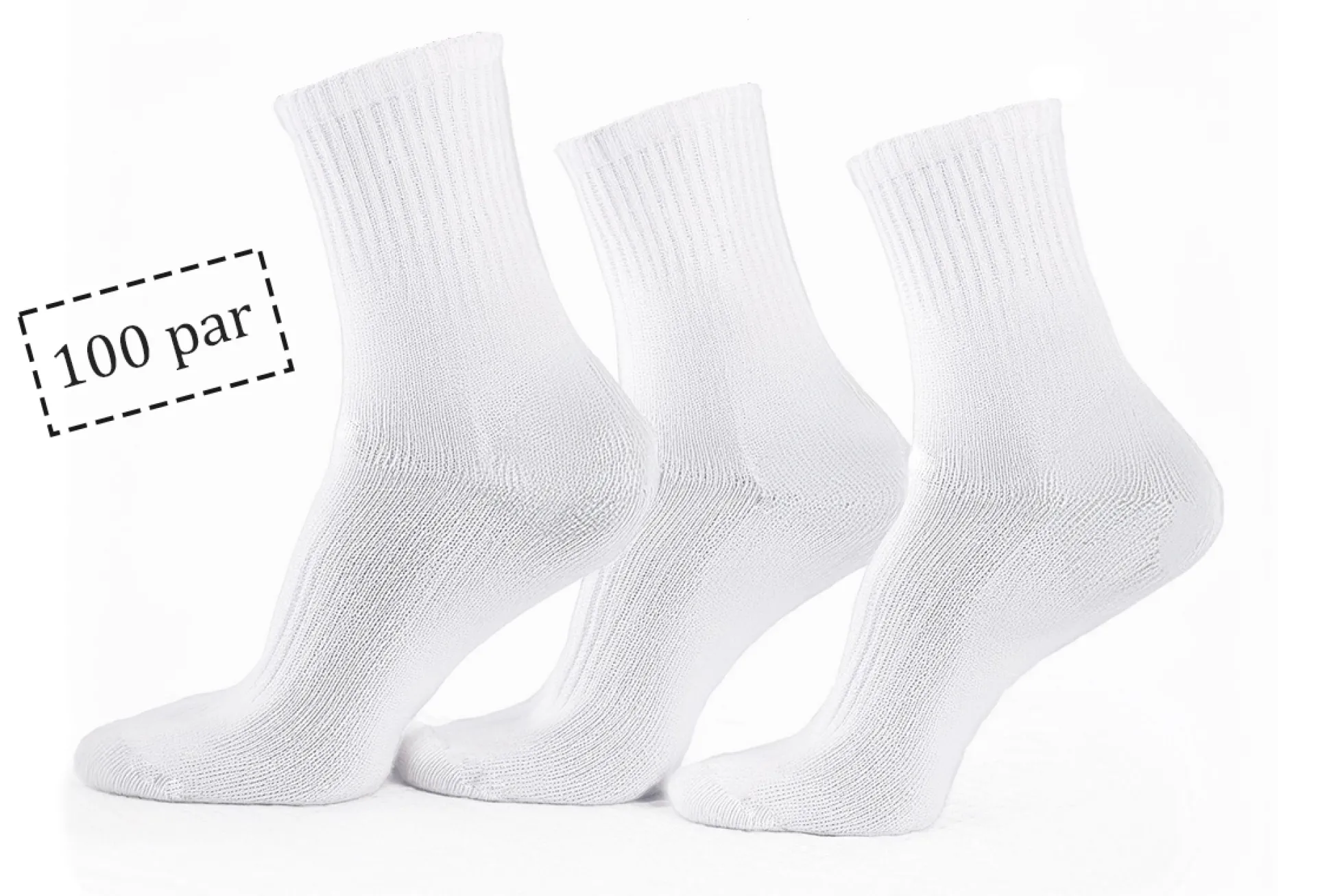 Tennissokker - 100 par hvide tennisstrømper med ribkant - Str. 43-47 - Unisex