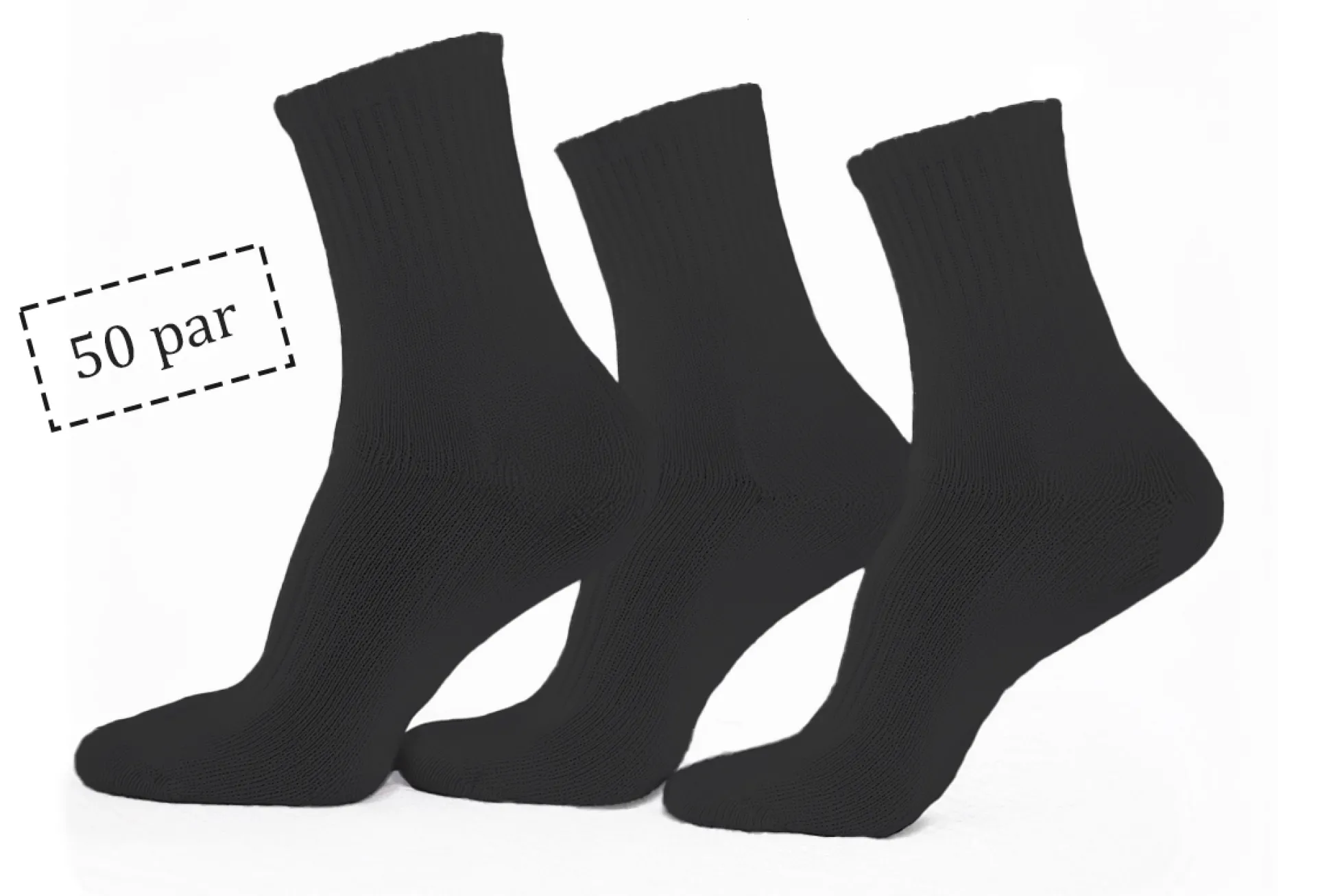 Tennissokker - 50 par sorte tennisstrømper med ribkant - Str. 43-47 - Unisex