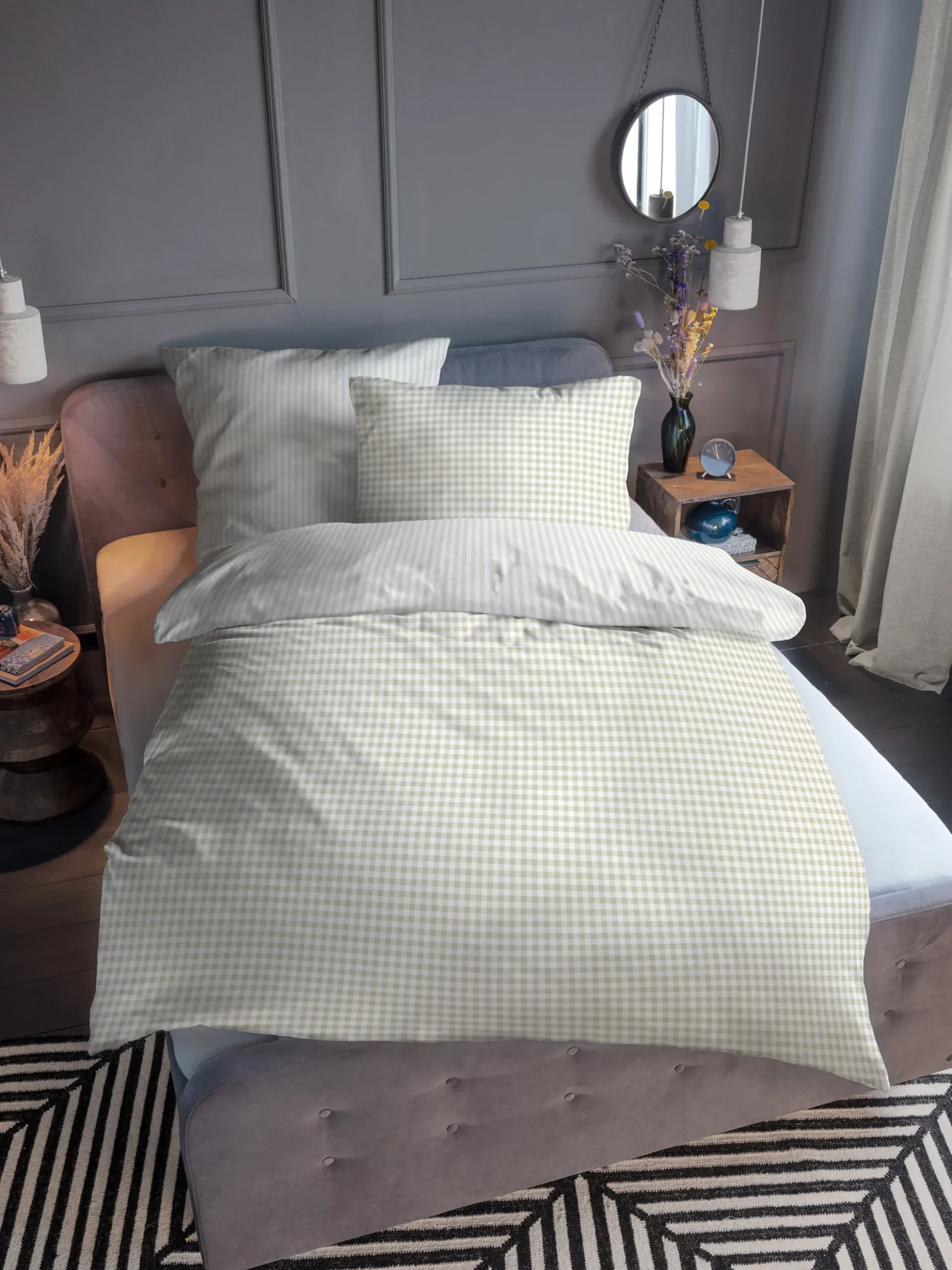 Ternet sengetøj 140x200 cm - Stribet Sengelinned i 100% bomuld - Beige - Vendbart design - Tom Tailor