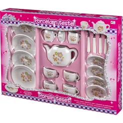 Tesæt i porcelæn med kopper, tallerkener og tekande - 21 dele