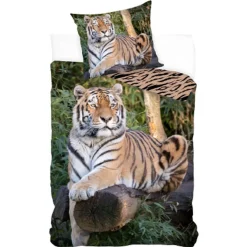 Tiger sengetøj - 100% bomuld - Børnesengetøj 140x200 cm - Liggende tiger
