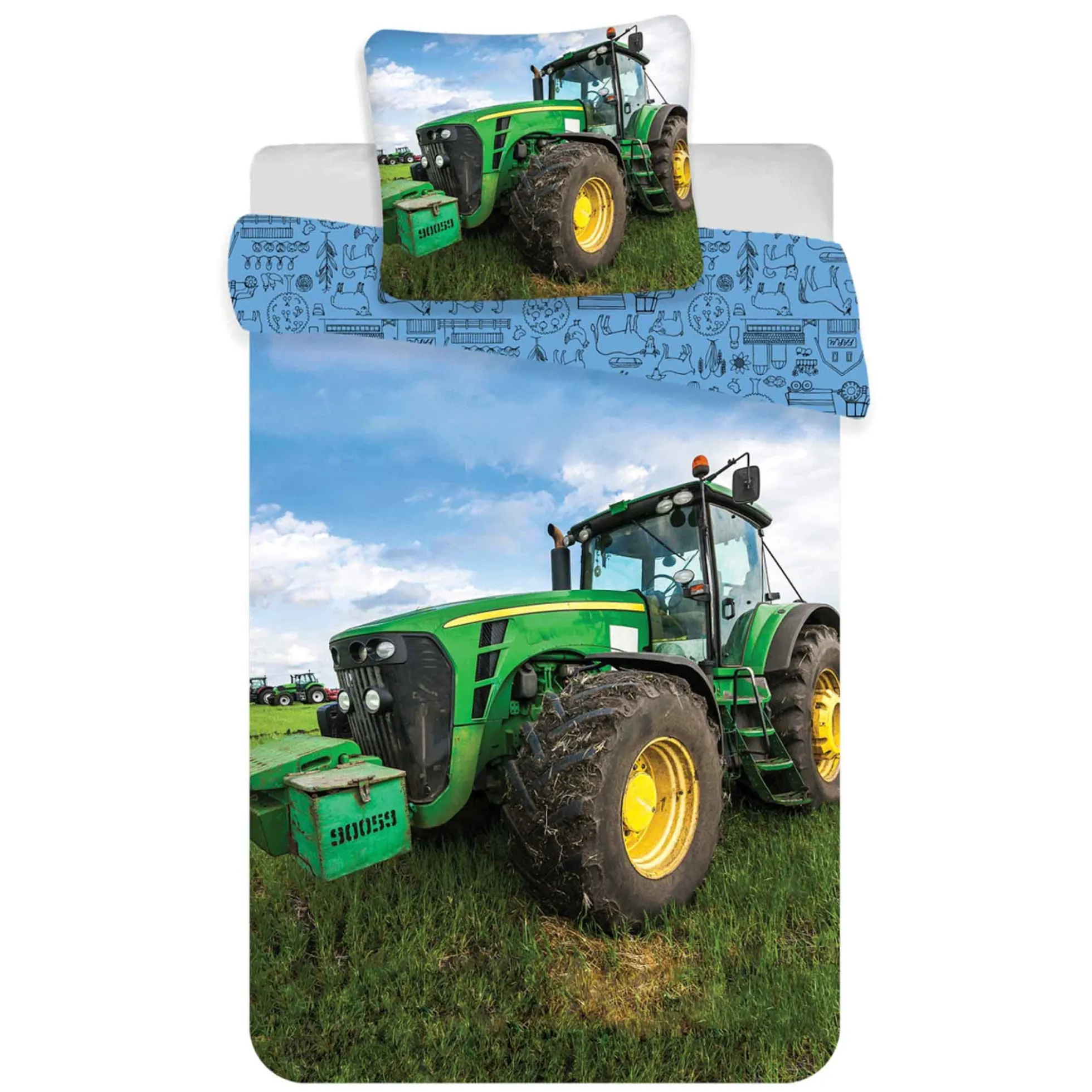 Traktor sengetøj - 100% bomuld - Børnesengetøj 140x200 cm - Grøn traktor - Ikoner på bagsiden