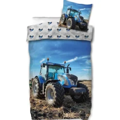 Traktor sengetøj - 100% bomuld - Børnesengetøj 140x200 cm - Blå traktor - Traktor på bagsiden