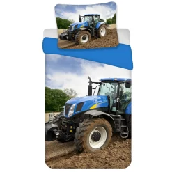 Traktor sengetøj - 100% bomuld - Børnesengetøj 140x200 cm - Blå traktor - Ensfarvet bagside
