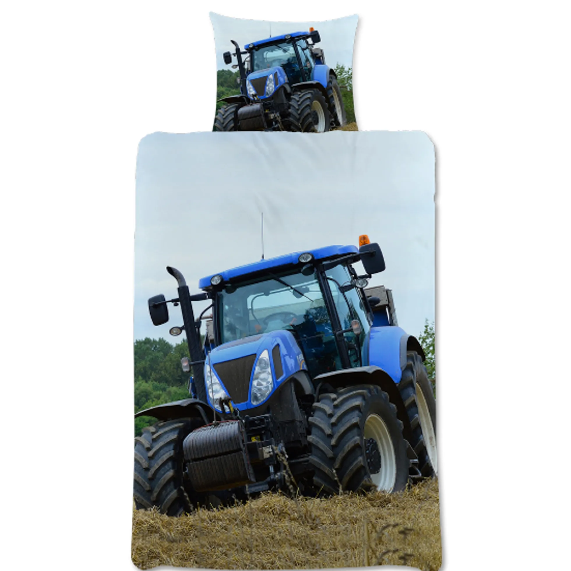 Traktor sengetøj - 100% bomuld - Børnesengetøj 140x200 cm - Blå traktor - Traktor med skovl på bagsiden