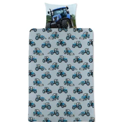 Traktor sengetøj - 100% bomuld - Børnesengetøj 140x200 cm - Blå traktor - Traktor med skovl på bagsiden