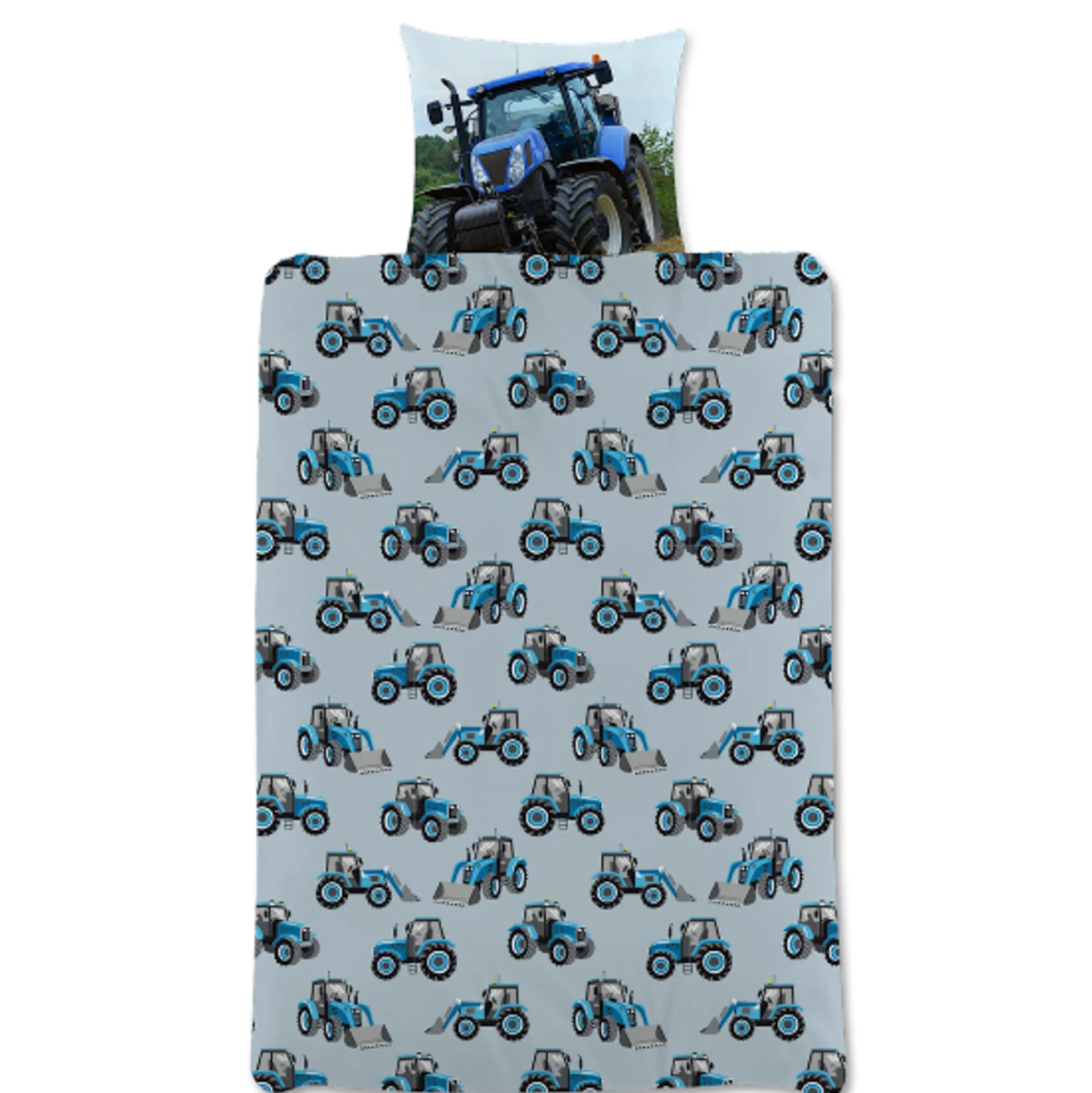 Traktor sengetøj - 100% bomuld - Børnesengetøj 140x200 cm - Blå traktor - Traktor med skovl på bagsiden