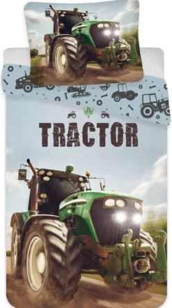 Traktor sengetøj - 100% bomuld - Junior sengetøj 100x140 cm - Lysende lygter