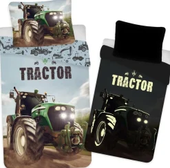 Traktor sengetøj - 140x200 cm - Flot grøn traktor - Selvlysende sengetøj til børn - 100% bomuld