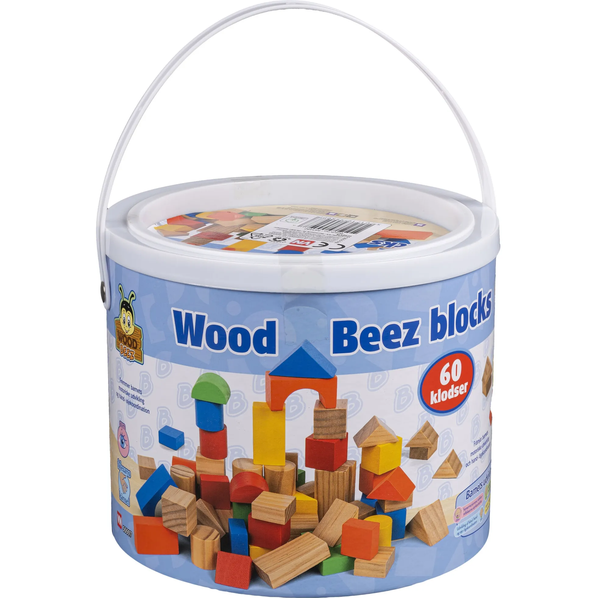 Wood Beez byggeklodser i spand - stabel- og byggeleg - 60 dele